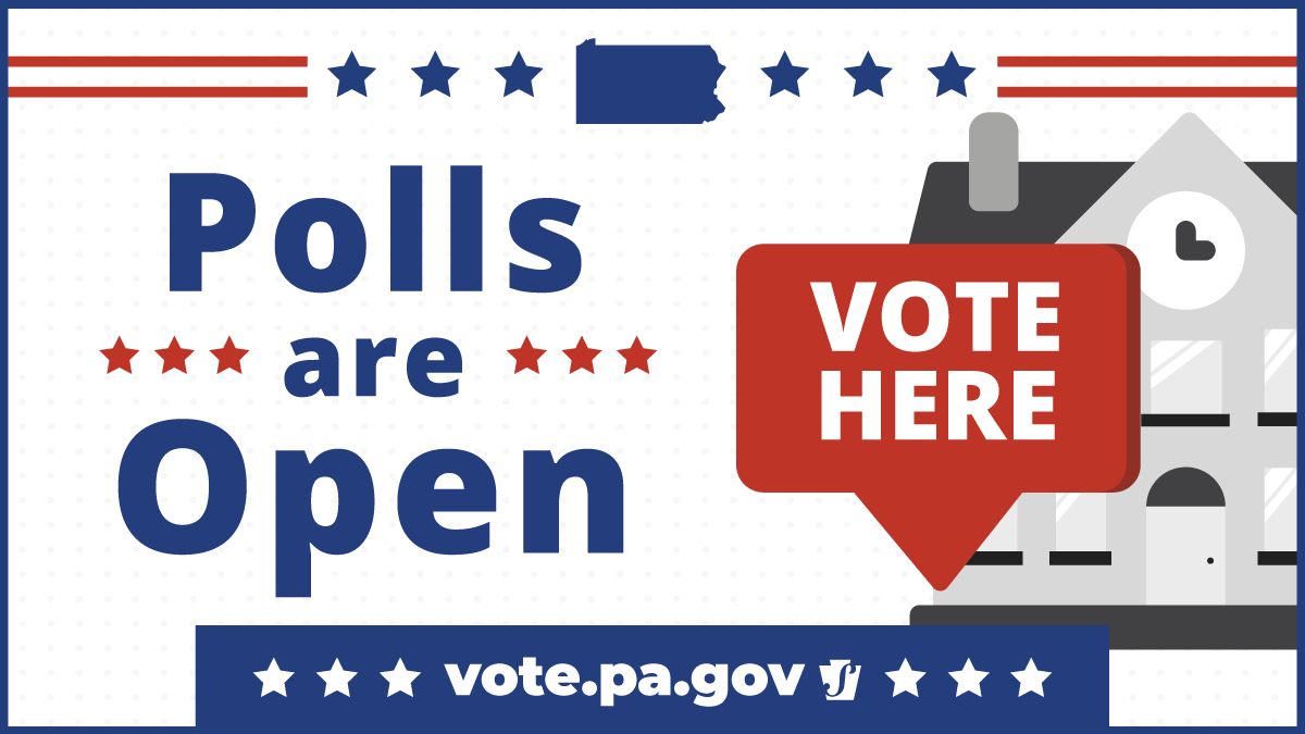 It's #ElectionDay in Pennsylvania. Polls are open from 7 a.m. to 8 p.m. Remember, if you are in line by 8 p.m., you can vote.

🗳️Voting in person? Find your polling place: vote.pa.gov/polls

📮Need to return your completed mail ballot? Find a drop-off location: