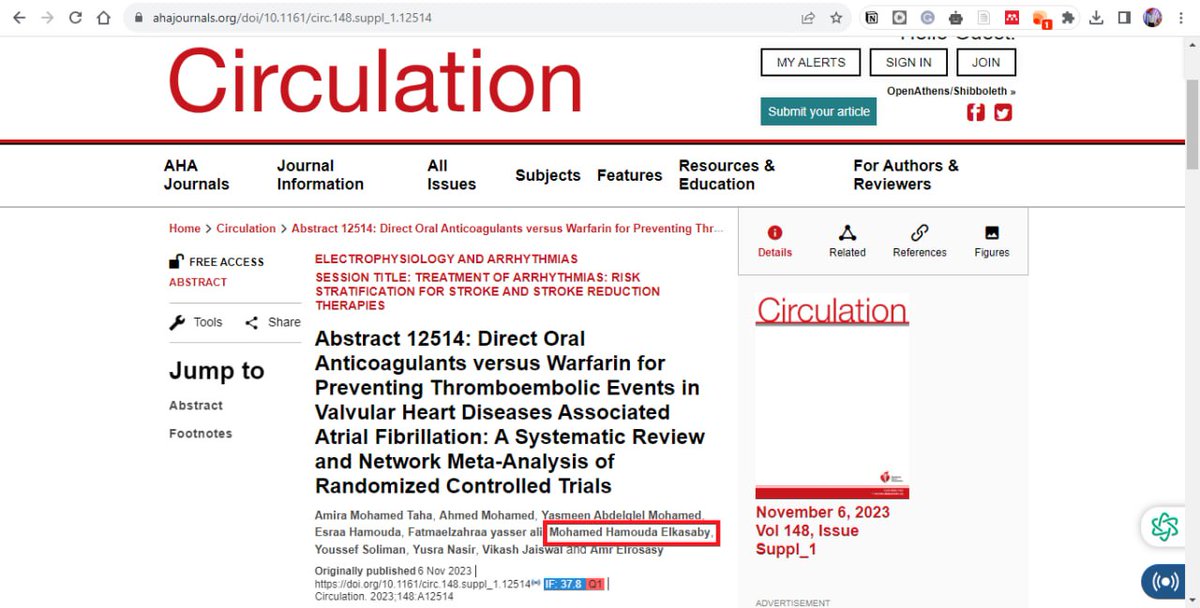 Hot of the press!🚀🔥
Our abstract is now on <a href="/CircAHA/">Circulation</a>, the top-notch cardiology journal. 
Discover how edoxaban 30 mg cuts major bleeding risk with comparable efficacy to warfarin in VHD-associated AF.
Thank you for your guidance, Dr. <a href="/NegidaMD/">Ahmed Negida, MD PhD 🇪🇬🇺🇲</a>.
#Cardiology #Publication #AHA23