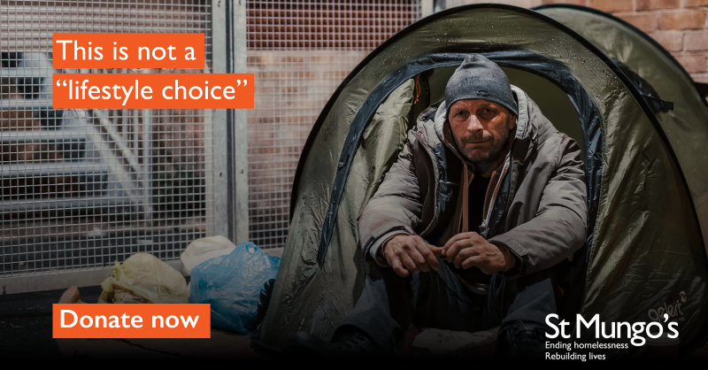 StMungos's tweet photo. Rough sleeping is not a ‘lifestyle choice’ but the result of many complex factors. St Mungo’s priority is to find people a path out of homelessness and into recovery. Please donate today to help support people experiencing homelessness.