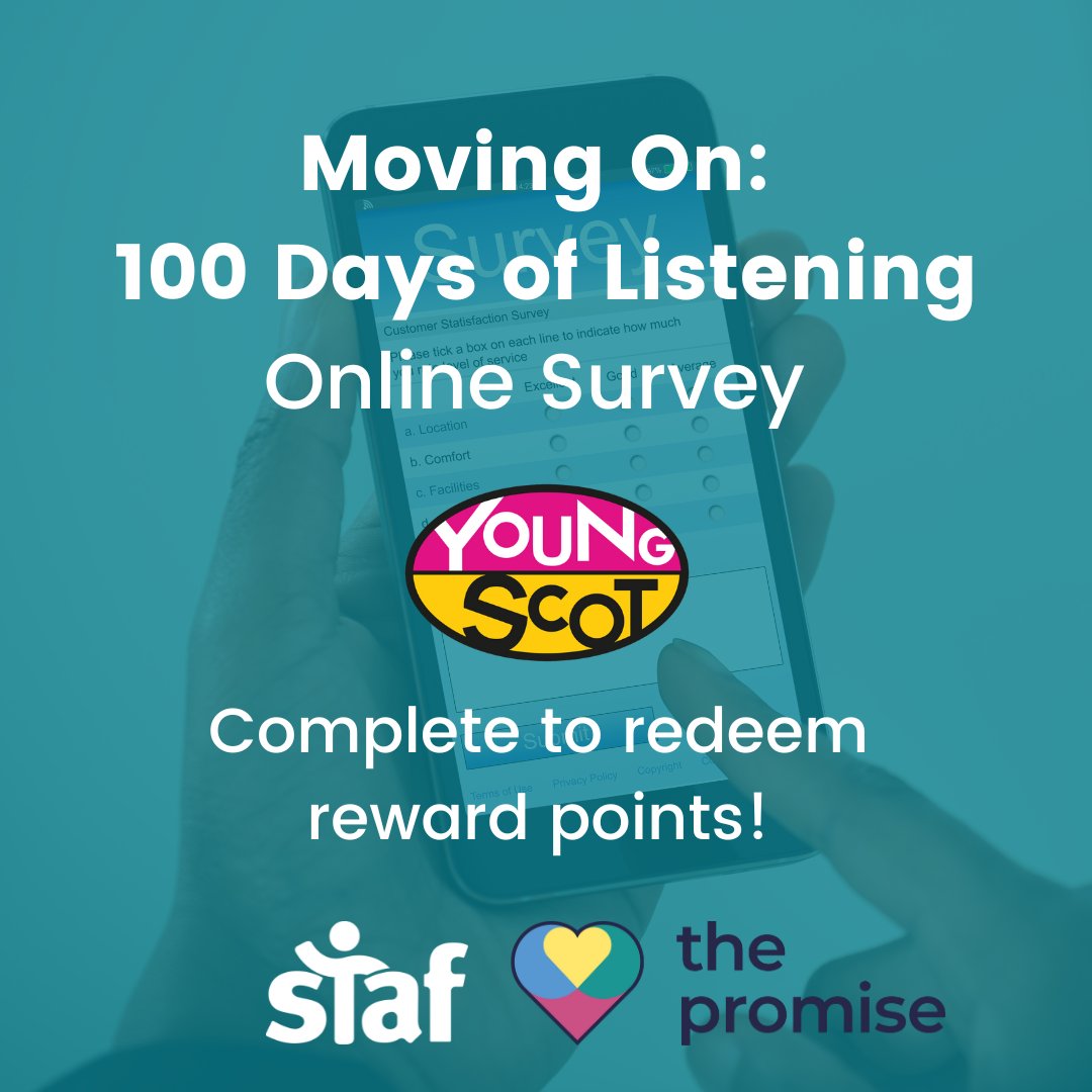 😍We're delighted to be working in partnership with <a href="/YoungScot/">Young Scot</a> on our #100DaysOfListening survey. 

💜Care experienced Young Scot members can redeem 150 reward points when they complete the survey. Find our more at staf.scot/100-days-of-li… 
🙏Pls share 
#MovingOn #KeepThePromise