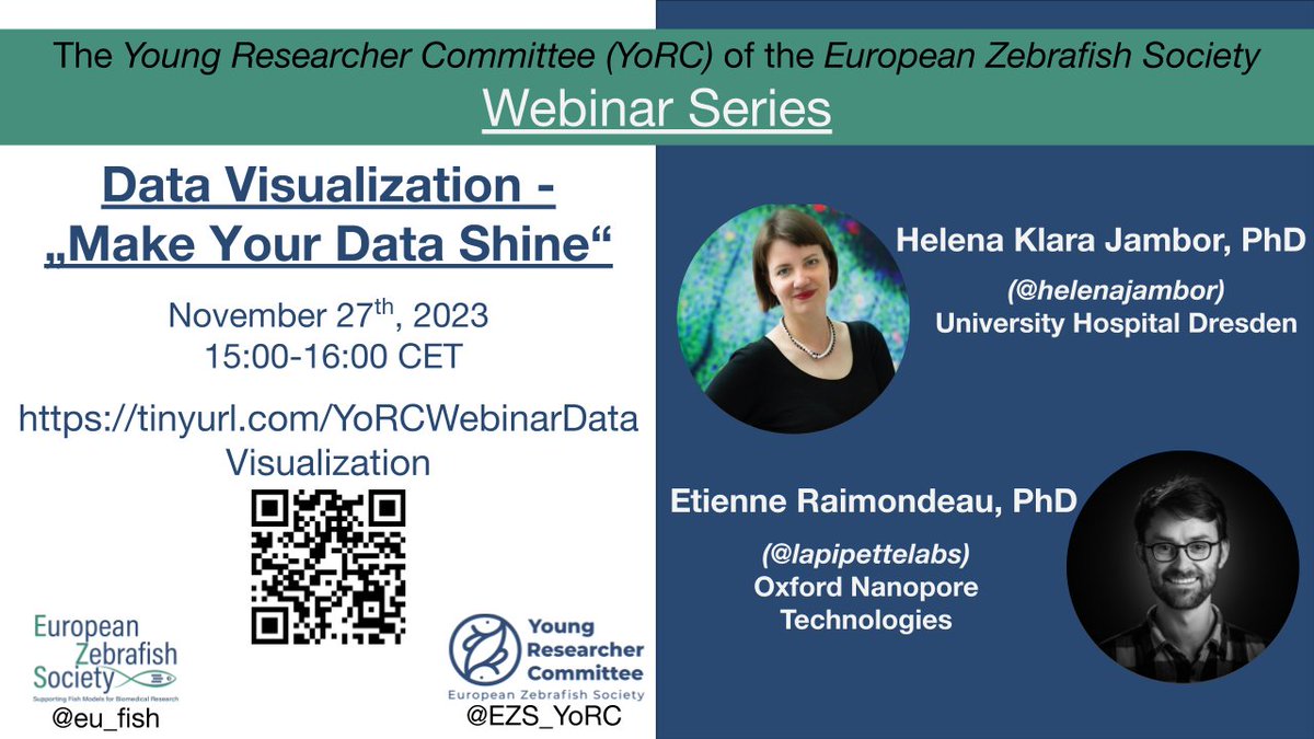 EZS_YoRC's tweet image. Register now for our first webinar "Data Visualization - Make Your Data Shine" at 3pm CET on Nov 27th!
tinyurl.com/YoRCWebinarDat…
And the best news...it's free!!! So don't miss this opportunity to meet @helenajambor and @lapipettelabs 🥳
#DataVisualization #YoRC @eu_fish