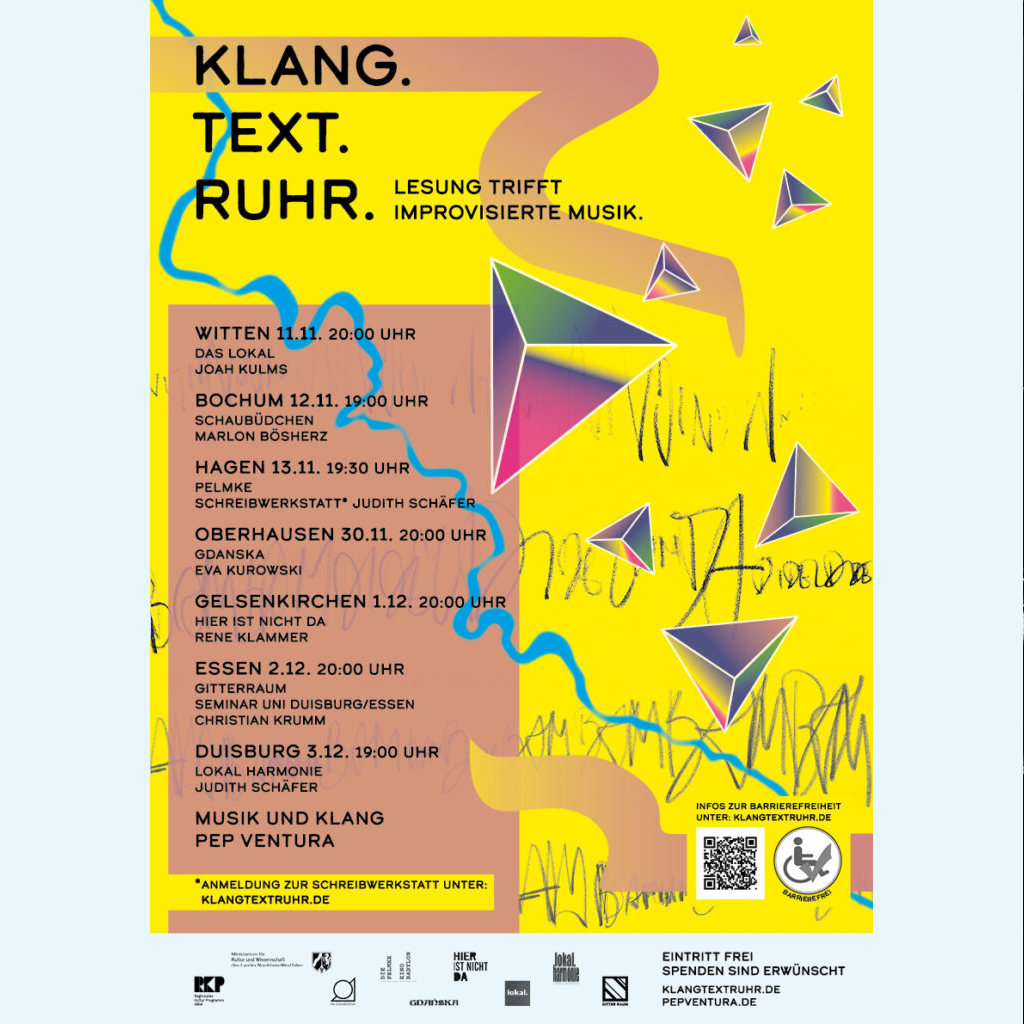 klang.text.ruhr. geht am 11.11.2023 mit einer neuen Ausgabe an den Start. Lesung trifft auf improvisierte Musik – bei insgesamt 14 Veranstaltungen in sieben Spieltätten der freien Szene des Ruhrgebiets!
👇👇👇
klangtextruhr.de