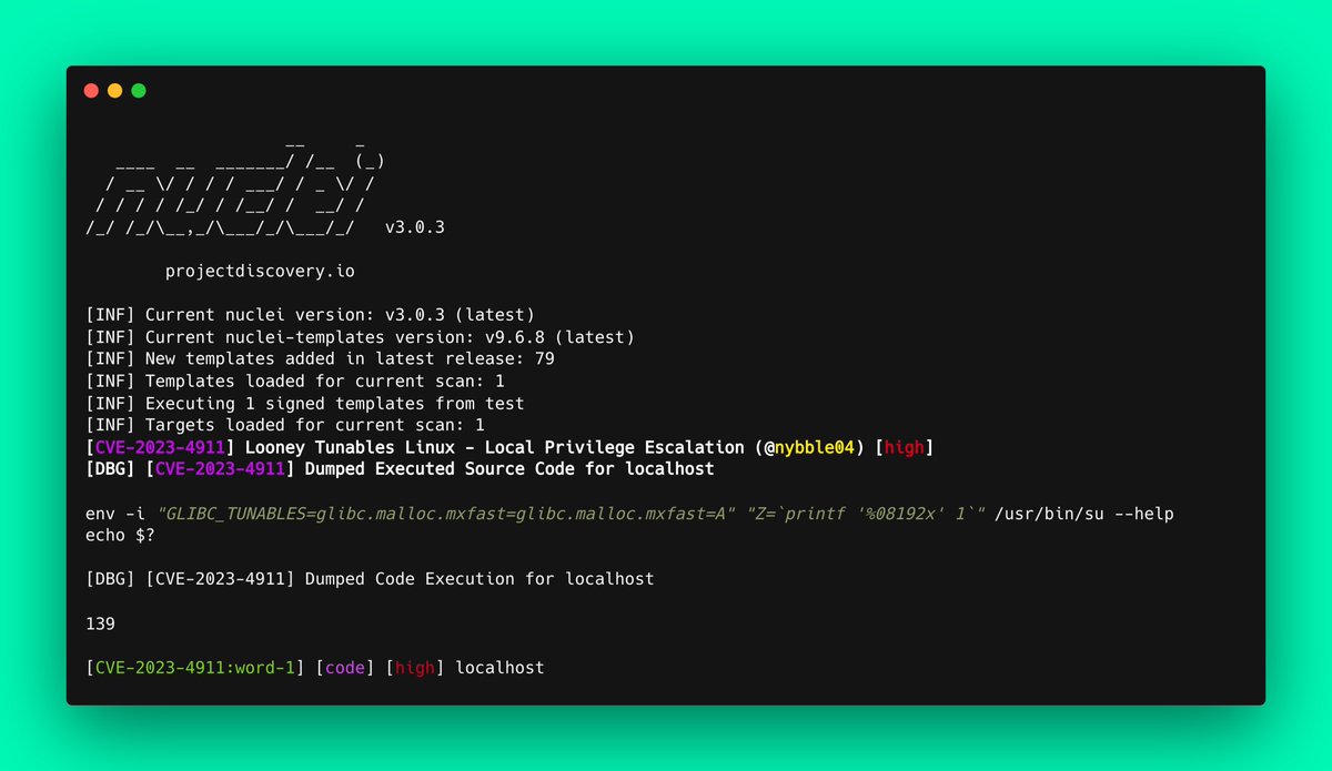 DhiyaneshDK's tweet image. Do you know you can check for LPE using Nuclei Template ?

Community Contributor @nybble04 showcased it using Code Protocol ⌨️

Looney Tunables Linux - Local Privilege Escalation 🔥

Nuclei Template:- github.com/projectdiscove…

#hackwithautomation #pdteam #nuclei #lpe #infosec