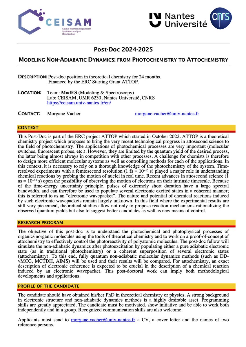 Post-doc position available in my group @CeisamLab @NantesUniv @CNRS about theoretical photochemistry and attochemistry, funded by the @ERC_Research Starting Grant project ATTOP. Join us! Please RT. #compchem @RFCTheo @ModSim_DCP @GdR_UP