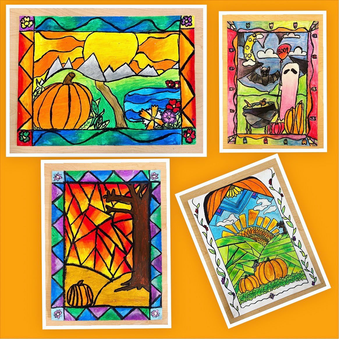 Faux Stained Glass Autumn Landscapes by 6th graders with oil pastels! <a href="/BAM_MS_Official/">Brambleton Middle</a> #arted #art #artlesson #pasteldrawing #artteacher #middleschoolart #lcps #lcps24 #6thgrade #drawing