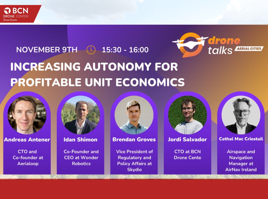 🔴 Tomorrow, BCN Drone Center will be attending the  Aerial Cities event by DroneTalks.online. Do not miss the opportunity to learn from the "Increasing autonomy for profitable unit economics" pannel of  by our CTO Jordi Salvador. 

📅 | 9th Nov 15:30-16:00
📍   | Bern (🇨🇭)