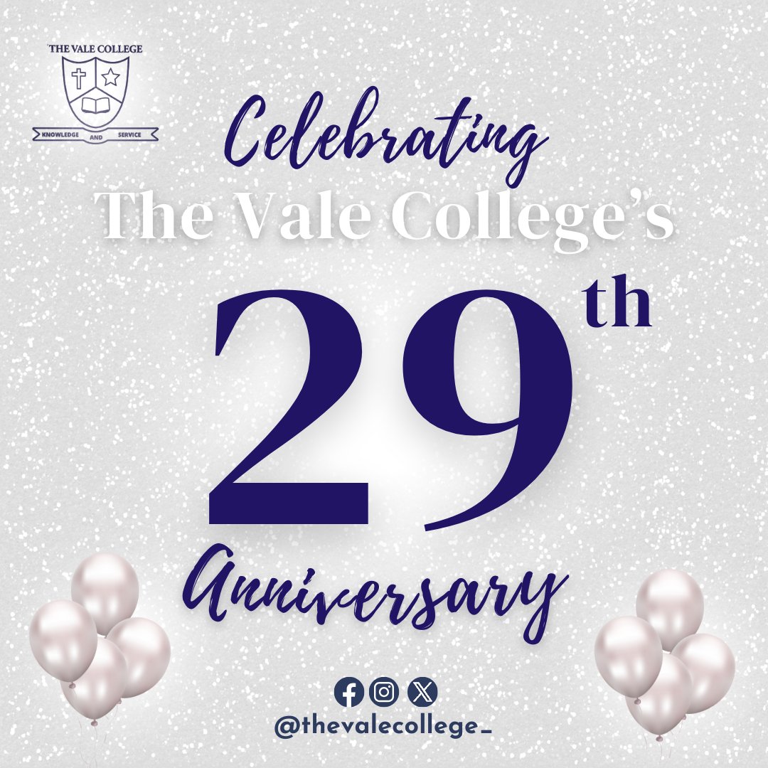 thevalecollege_'s tweet photo. 🎉🎂 Happy 29th Anniversary to The Vale College! 🎂🎉

Here's to many more years of learning, laughter, and limitless possibilities. 📚🌟

#ThisIsTVC 
#29YearsStrong #AnniversaryCelebration #LearningTogether #SchoolCommunity https://t.co/JMCf7mxLlM