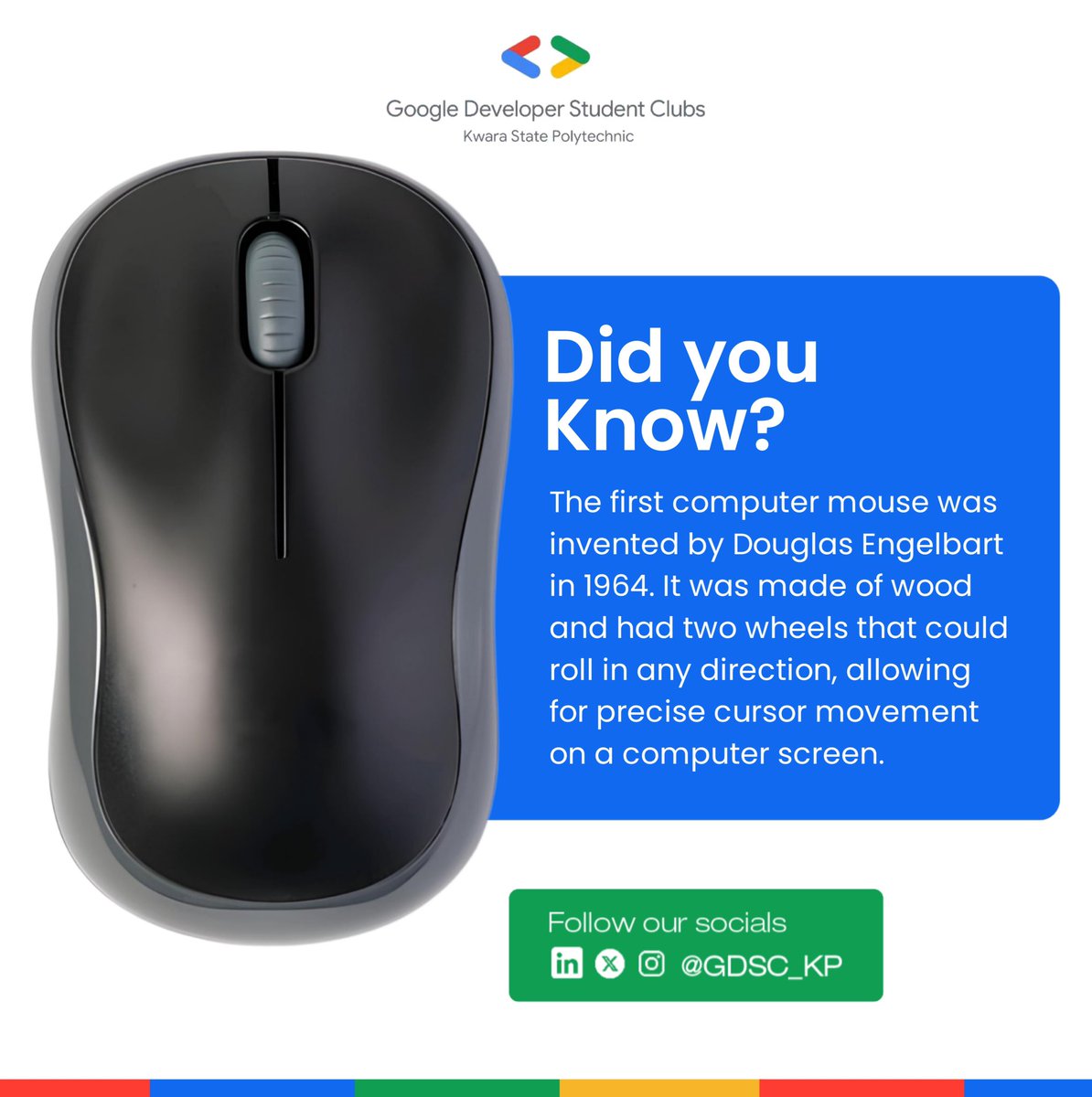 Did you know?

The first computer mouse was invented by Douglas Engelbart in 1964. It was made of wood and had two wheels that could roll in any direction, allowing for precise cursor movement on a computer screen.

#gdsckp #techfacts #gdsc