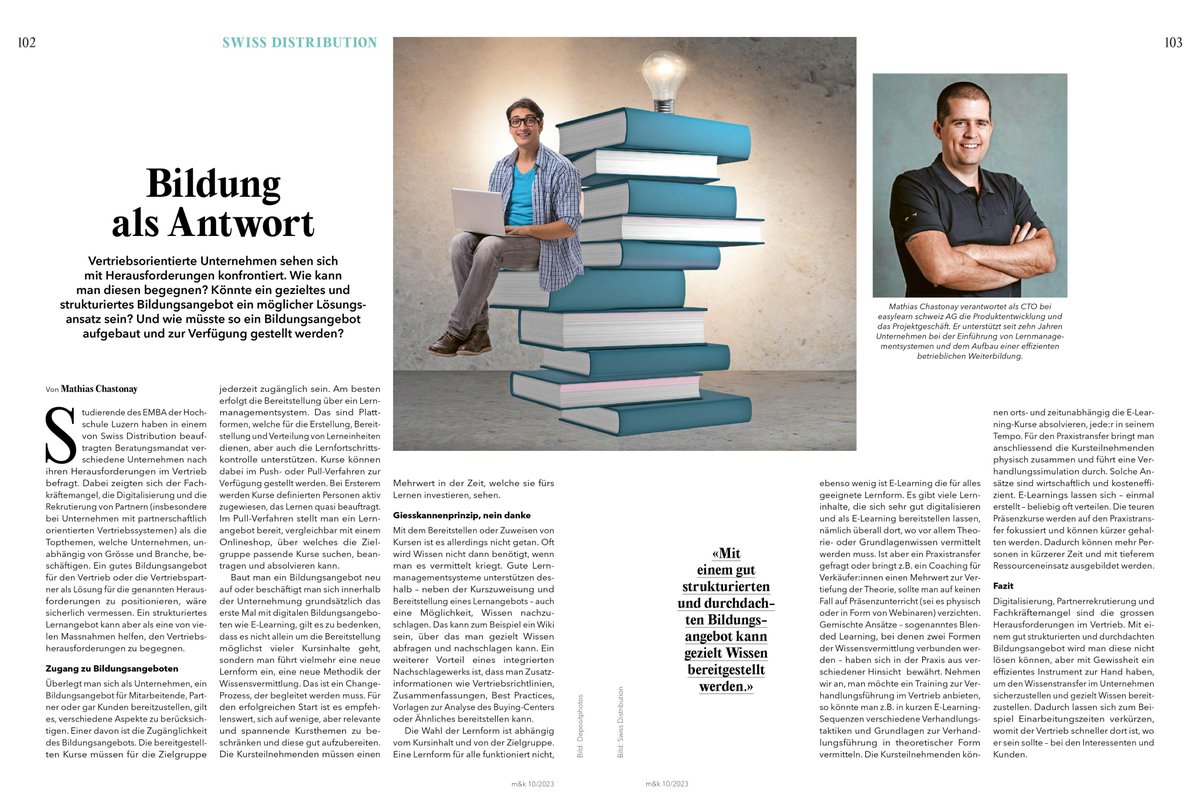 easylearn_ch's tweet image. Kann gezielte (betriebliche) Weiterbildung dem Fachkräftemangel im Vertrieb entgegenwirken?

Unser CTO, Mathias Chastonay, hat in einem kürzlich veröffentlichten Artikel im m&amp;amp;k der @werbewoche diese Thematik aufgegriffen. ⬇ 
#vertrieb #swissdistribution