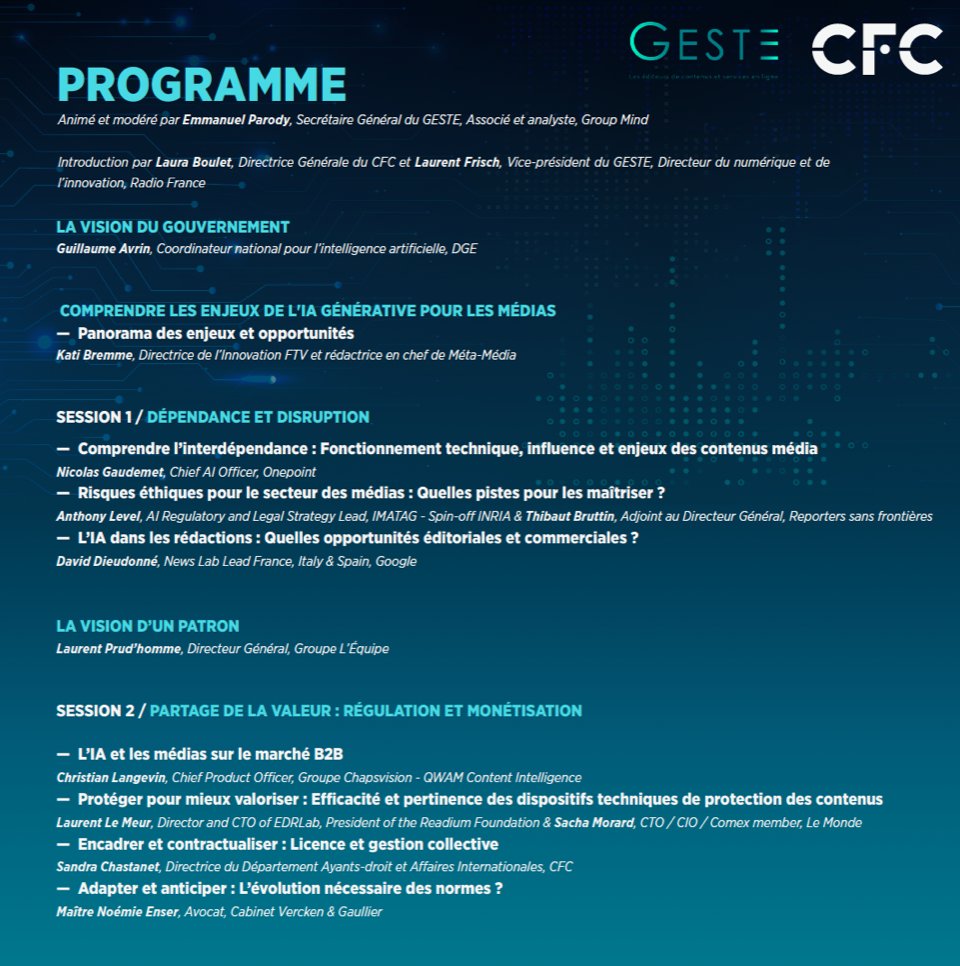 CFCopies's tweet photo. IA générative et médias : comment s'apprivoiser ?
👉 Une conférence CFC / @geste 

✅ Le 13 novembre 2023, 14-18h, Le Centorial, 18 rue du 4 Septembre, 75002, Paris

Pour en savoir plus sur le programme et vous inscrire à l'évènement, c'est par ici : https://t.co/rm7JRMhRwY https://t.co/EI9rZ9GNpk