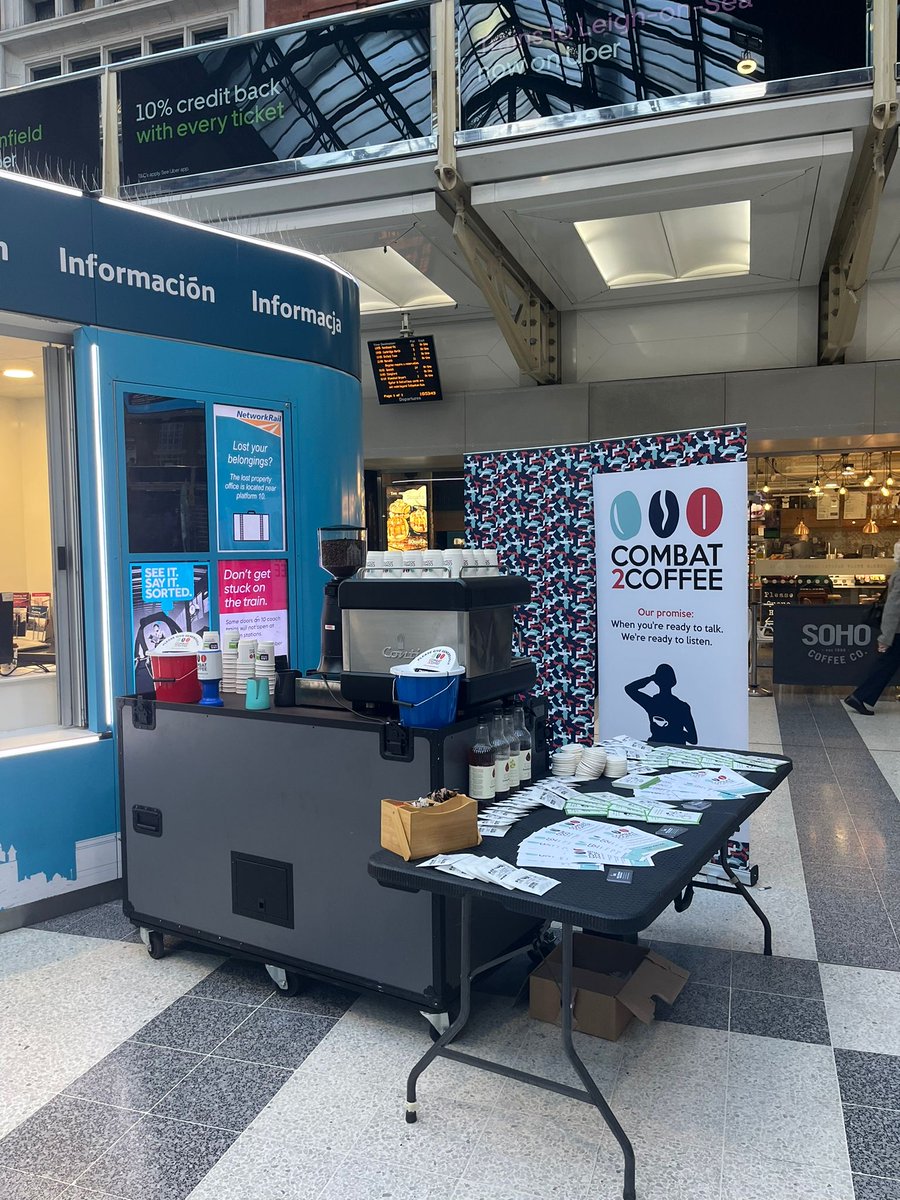 Combat2C's tweet photo. We are at Liverpool Street Station today to spread the message about suicide prevention alongside @networkrail.
Come and say hello for a coffee and a chat.☕️❤️
#suicideprevention #railsuicide #networkrail #combat2coffee #changingtheworldonesipatatime https://t.co/8LZ3pRACkK