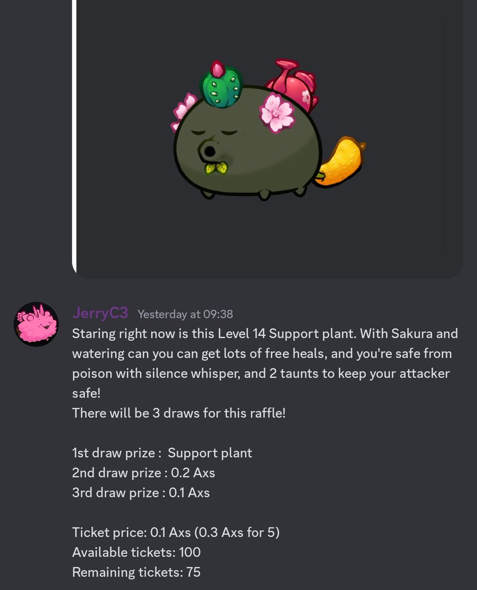 Raffle update!
1/4 of the maximum tickets have been allocated already!
Maybe this one will sell out before the timer ends, so if you're considering getting some tickets, you should do it soon so you don't miss your chance!
discord.com/invite/AqDM9fdZ
Come and join the raffle enjoyers