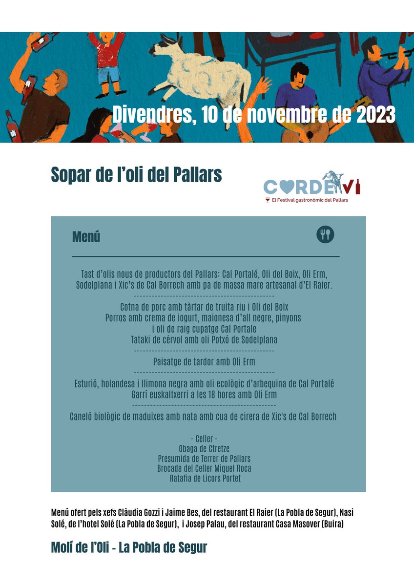 Us deixem la minuta del Sopar de l'oli 2023! Se us fa la boca aigua? Doncs si no teniu entrada, encara hi sou a temps, en queden unes poques! 🗓️Dv. 10/11/2023 ⏰20:30h 📍Molí de l'Oli de la Pobla de Segur pallarsclick.com/.../sopar-de-l…...