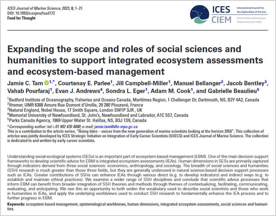 Understanding #HumanDimensions of #SocialEcologicalSystems is a key factor in #EcosystemBasedManagement (EBM). In @ICES_ASC journal Tam et al. @jill_cm, @JacobWBentley, <a href="/SonEger/">Sondra Eger</a> outline how use of full range of #SocialSciencesAndHumanities can enhance EBM doi.org/10.1093/icesjm…