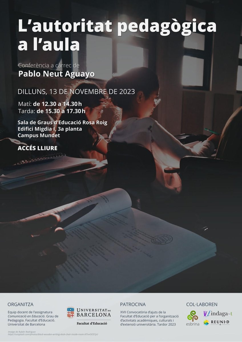 "La autoridad pedagógica en el aula" es la conferencia que Pablo Neut, <a href="/editorial_sole/">Editorial Sole</a>, dará en <a href="/UniBarcelona/">Universitat de Barcelona</a> #Mundet el lunes que viene (Sala Rosa Roig).
Un encuentro para estudiar, desde la comunicación y la educación, las vincularidades en la escuela.