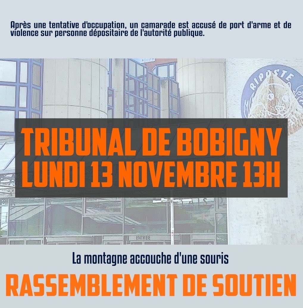 SolidairesEHESS's tweet photo. 🛑 Occupation de l'EHESS : la montagne accouche d'une souris 🛑

Ce lundi 13 novembre, un camarade est jugé au tribunal de Bobigny. Il s'agit du seul procès faisant suite à la tentative d'occupation de l'EHESS, campus Condorcet, du 23 janvier dernier.

RDV Lundi 13/11 à 13h ✊ https://t.co/pHMHPVfHuF