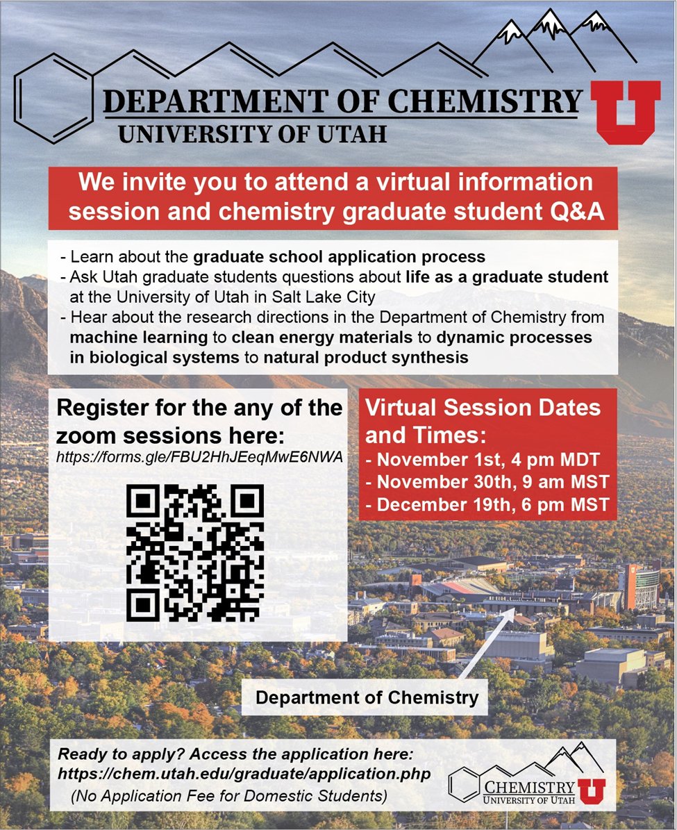 Consider Utah for graduate school. Come to our virtual info sessions- learn about the research, facilities and people. Salt Lake is a great place to live!