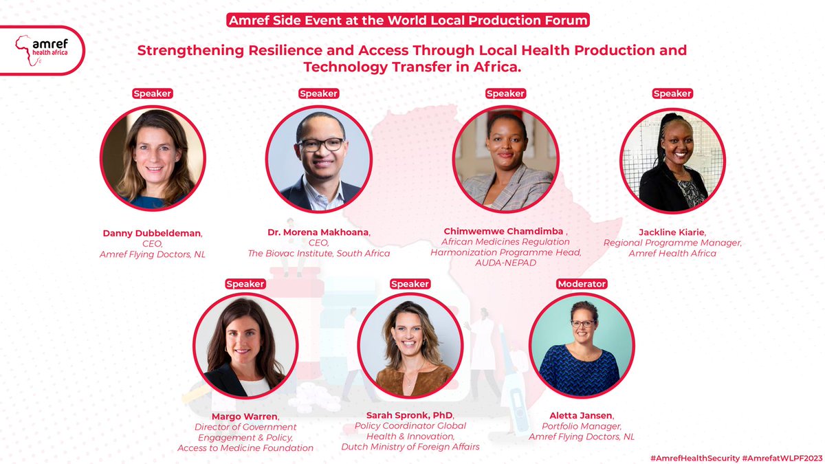 Amref Health Africa (@amref_worldwide) on Twitter photo Our session today will involve a discussion with individuals in local production and technology transfer in healthcare across the world.
Meet the panelists! #AmrefAtWLPF2023 #AmrefHealthSeurity #WLPF <a href="/WHO/">World Health Organization (WHO)</a> <a href="/AfricaCDC/">Africa CDC</a> <a href="/AfricanAmata/">African Medicines Agency Treaty Alliance (AMATA)</a> <a href="/jaqjerry/">Jackline Kiarie</a> Our session today will involve a discussion with individuals in local production and technology transfer in healthcare across the world.
Meet the panelists! #AmrefAtWLPF2023 #AmrefHealthSeurity #WLPF <a href="/WHO/">World Health Organization (WHO)</a> <a href="/AfricaCDC/">Africa CDC</a> <a href="/AfricanAmata/">African Medicines Agency Treaty Alliance (AMATA)</a> <a href="/jaqjerry/">Jackline Kiarie</a>