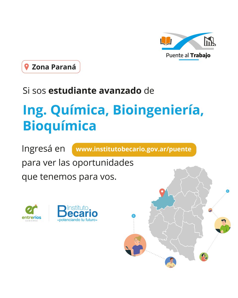 ¡Nuevas oportunidades vigentes de #PuentealTrabajo en Paraná!

✅ Realizá tus prácticas profesionales de manera rentada a través de nuestro programa

📲 Ingresá en: institutobecario.gov.ar/puente y aplicá

#HacemosFuturo <a href="/GobiernoER/">Gobierno de Entre Ríos</a>  <a href="/bertoliseba/">Sebastián Bértoli</a>  <a href="/CaroAmiano/">Carolina Amiano</a>