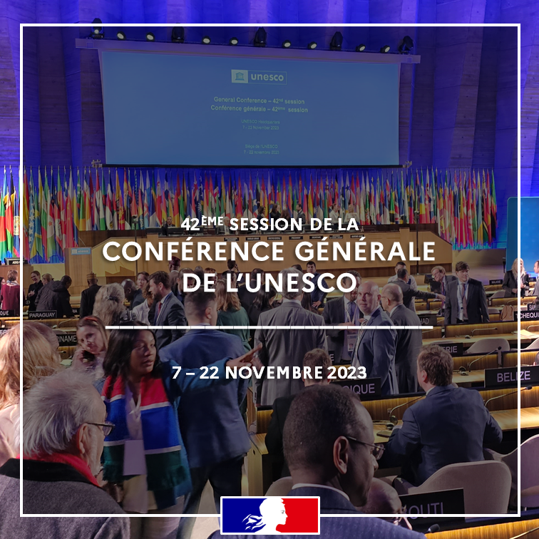 France_UNESCO's tweet photo. Du 7 au 22 novembre, la 42ème session de la Conférence générale de l’#UNESCO réunit au siège parisien de l’Organisation les délégations des 194 États-membres. https://t.co/1O3gqqgOnh
