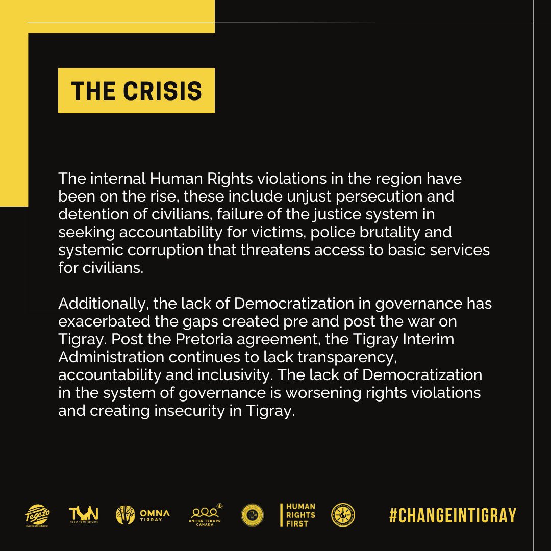tigrayyouthntwk's tweet photo. Follow our campaign 'Human Rights and Democratisation in Tigray', where we address human rights violations and undemocratic practices in Tigray. 

We encourage you to stay informed as we push for accountability, equality and justice for all.

#Launch #ChangeinTigray https://t.co/DFTPSf5GJy