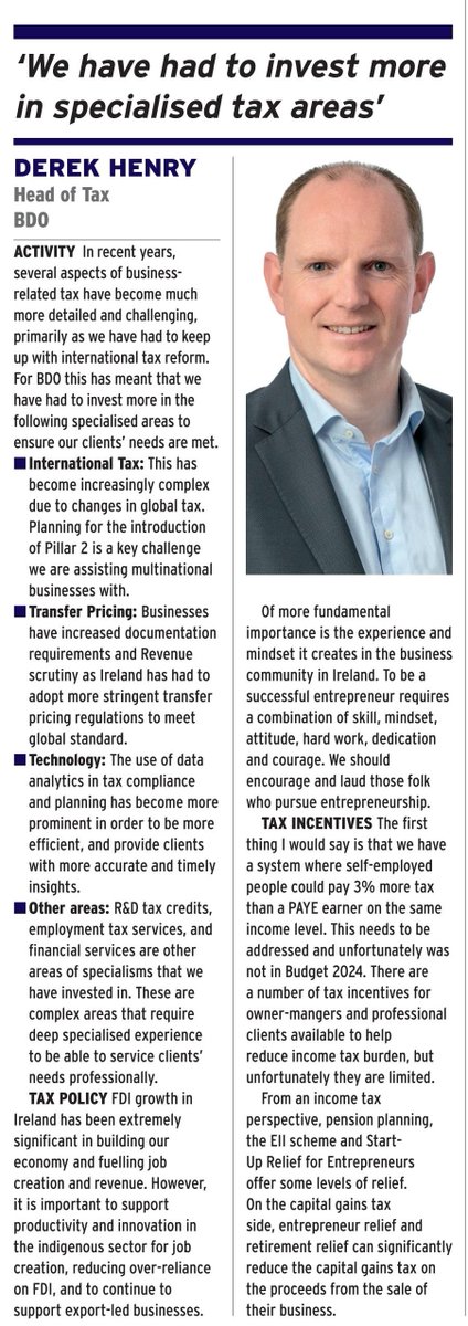 🌟 Derek Henry, BDO Ireland's Head of Tax, shares insights in @BusinessPlusMag. 📰 Discover our strategic investments to tackle intricate business-related tax challenges. #TaxInsights #BDOIreland