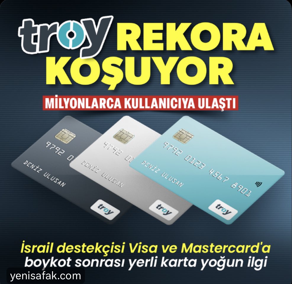 Yapılan Çalışmalar Başarıya Ulaşmaya
Devam Ediyor. Yeter ki Bir ve Beraber
Olup Hep Beraber Toplu Tepki
Gösterelim.

Yerli Kart Troy 19 Milyon Kullanıcıyı
Aştı. 4 Milyon Kişi Yahudiye Akar
Sağlayan Master ve Visa Kartını
İptal Etti. /  #TroyKartaGeçiyoruz