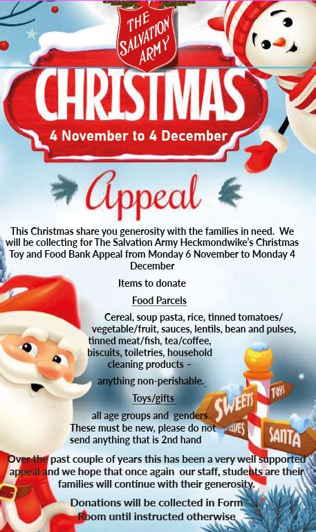 HeckGrammar's tweet image. Once again we are collecting for the Salvation Army Food Bank and Christmas Present Appeal. If you are able to donate, please bring items into school before Monday 4 December. Any contributions or support you can give will be greatly appreciated.