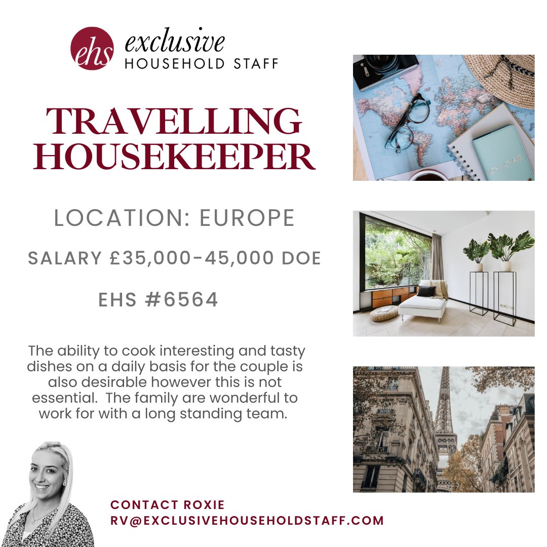 Our client, a professional couple, who split their time between Europe and London, are seeking a Travelling Housekeeper.

exclusivehouseholdstaff.com/vacancies/view…

#travellinghousekeeper #housekeeper #housekeeping #privatehousekeeper #domesticstaff #europehousekeeper #domesticstaffing