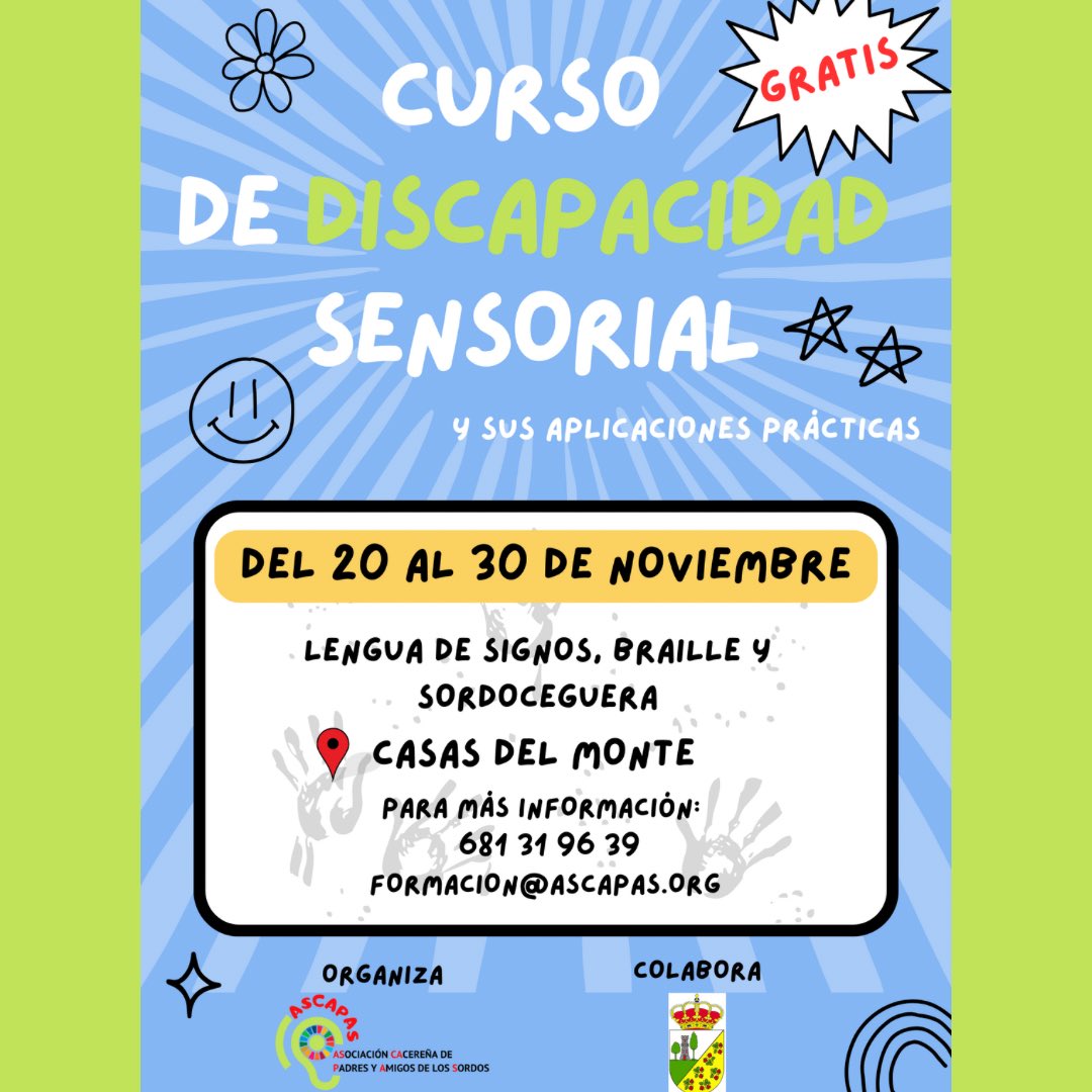 FORMACIÓN 📚 

Curso de discapacidad sensorial y sus aplicaciones prácticas.

🗓️ Del 20 al 30 de Noviembre

📍Casas del Monte

Para más información:

📞681319639

📩 formacion@ascapas.org

¡QUEREMOS QUE NOS OIGAS!