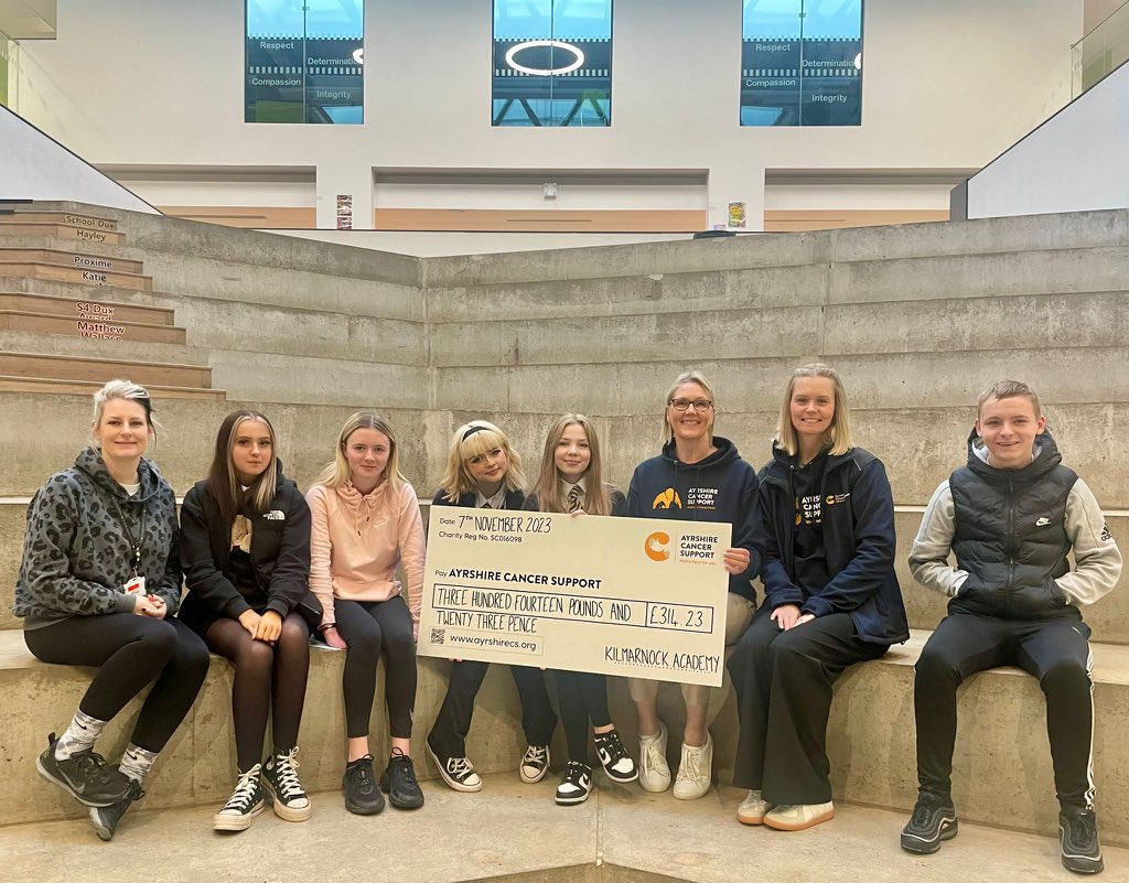 S4 Personal Development class met Sophie & Gill from Ayrshire Cancer Support and presented them with a cheque for £314.23. The donation was raised at a recent Staff v Pupil Football match ⚽️🎉 #compassion