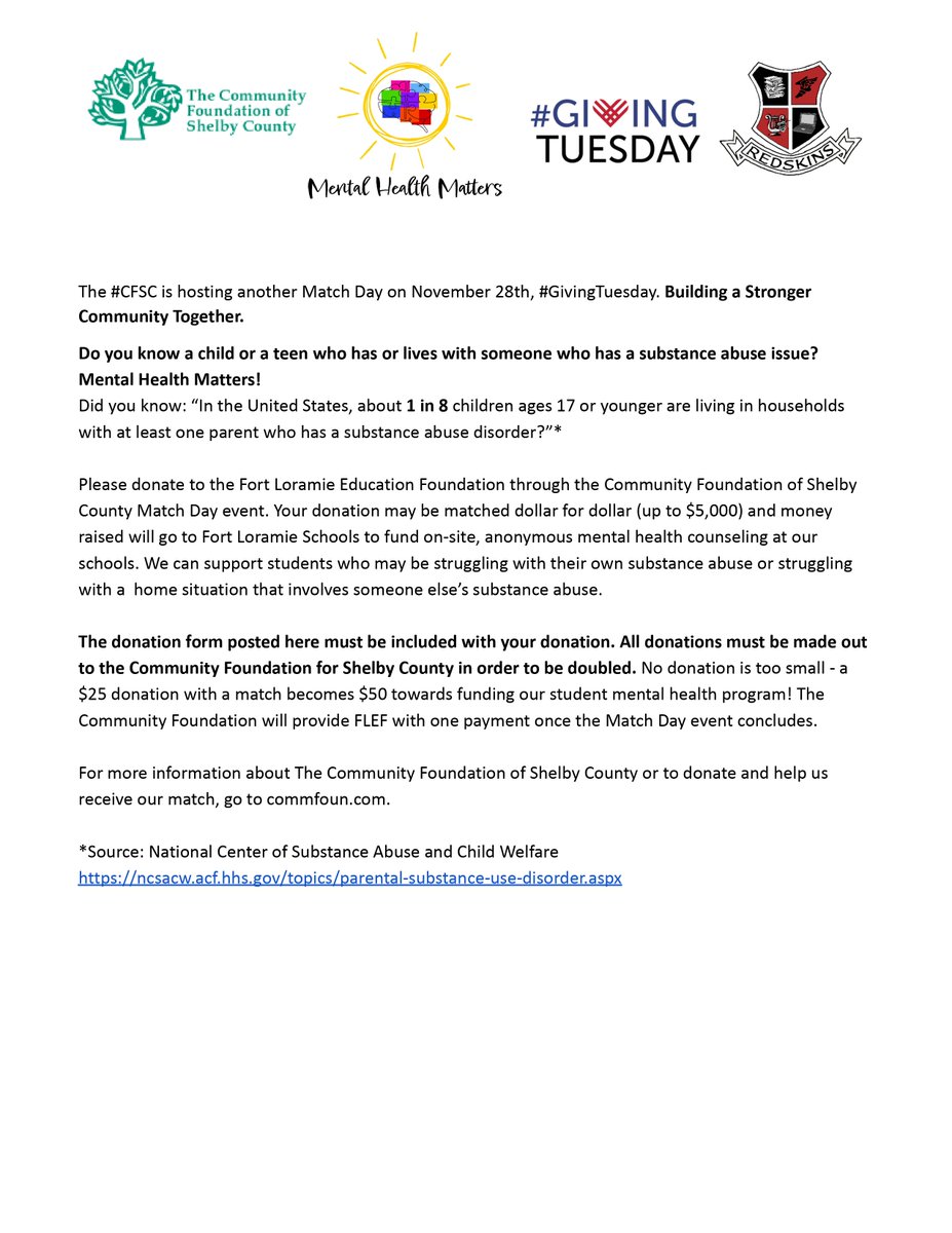 FLSchools's tweet photo. FLEF is participating in CFSC Match Day. We are raising money to fund an onsite, anonymous mental health program for students in grades K-12 at FL Schools. Mental health matters! Building a Stronger Community Together. Read the attached files to donate and learn more. https://t.co/FaTTfOAeLw