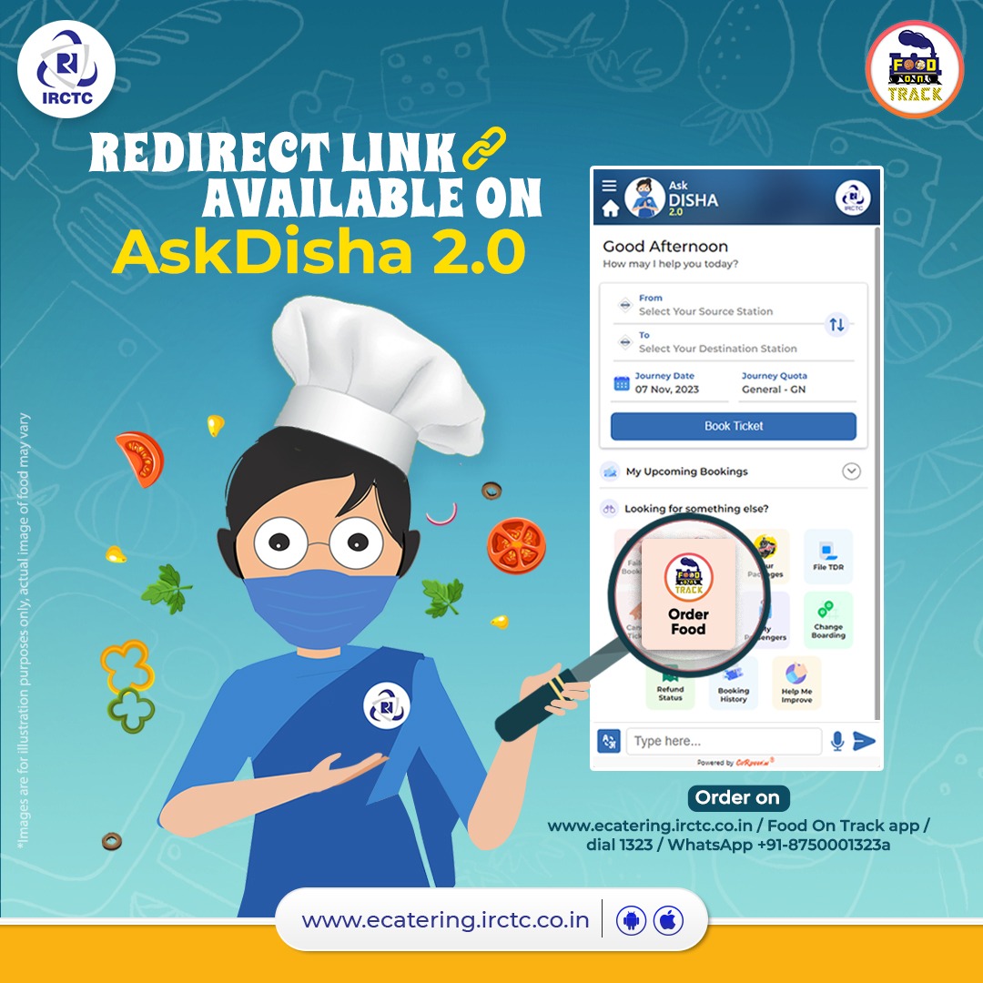 IRCTC's AskDISHA 2.0 has a redirect link to the IRCTC eCatering website under the looking for something else section. Click it to enjoy #DeliciousnessOnTheGo.

🔗Click on the link in bio
👉Install #FoodOnTrack app
📞1323/WhatsApp +91-8750001323
.
.
.
#trainfood #foodintrain