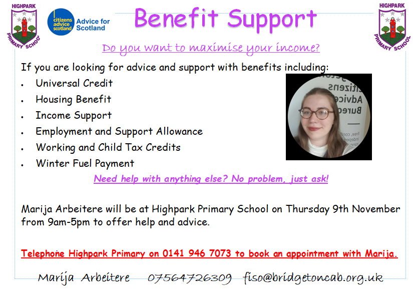Marija <a href="/FISO_Bridgeton/">FISO_BridgetonCAB</a> is at Highpark on Thursday 9th November to help with maximising your income.  Telephone 0141 946 7073 to book your confidential appointment. #community  #family <a href="/jen_mackenzie05/">Mrs MacKenzie</a>