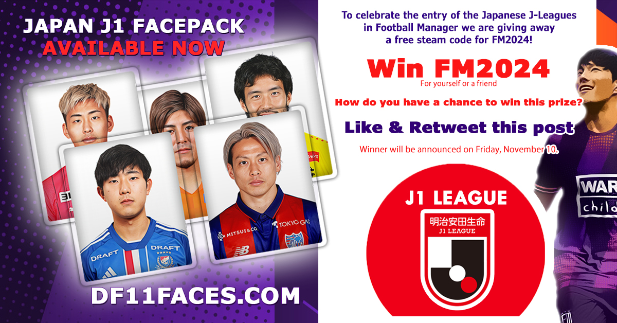 🎁 To celebrate the entry of the 🇯🇵 J-Leagues into #FM24 we're giving away a free FM24 steam code! 🏆 How do you have a chance to win this prize? 🔄 Like & Retweet this post ⌛ Winner will be announced on Friday, November 10. 👤 J1 Facepack available @ df11faces.com