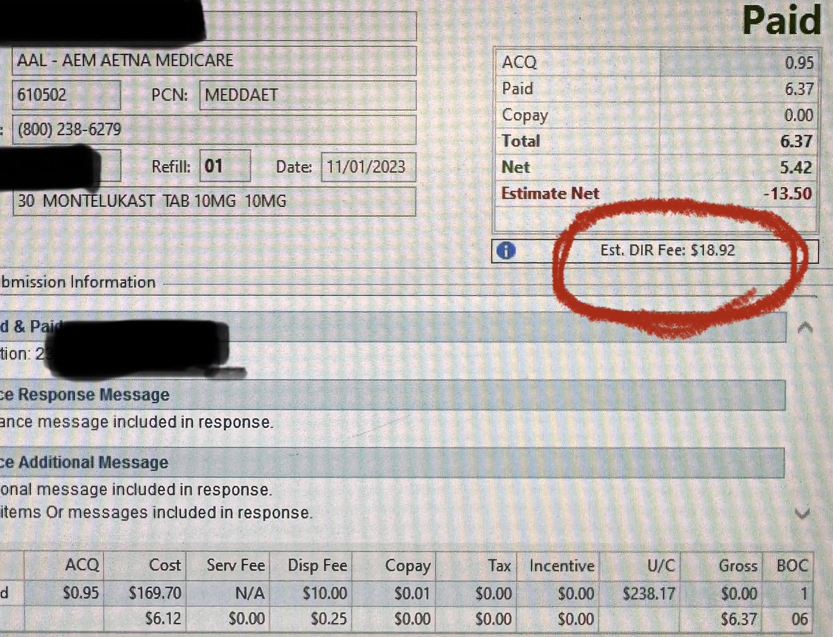 BrandiChane's tweet photo. Today’s episode of how to destroy a community pharmacy: impressive dispensing fee of $0.25, PBM paid $6.37 takes back $18.92 DIR fee for a loss of $13.50 on a drug that costs $0.95 to purchase. Bills that don’t go into effect until 2028 will help no one @DanCrenshawTX #PBMabuse https://t.co/71cZ9IBEkm