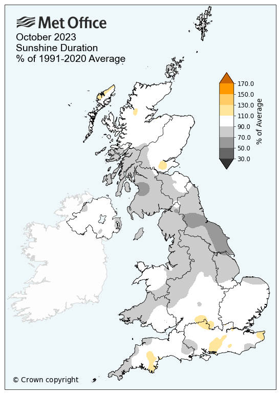 AgriAnalytics's tweet photo. Nearly 200% more #rainfall than normal in the #UK through October for many of the cereal growing areas in the east, the midlands and east coast of Scotland. #Sunshine levels well below normal, too. Welcome to autumn in England...
#Met_Office https://t.co/cIcyqq1MSC
