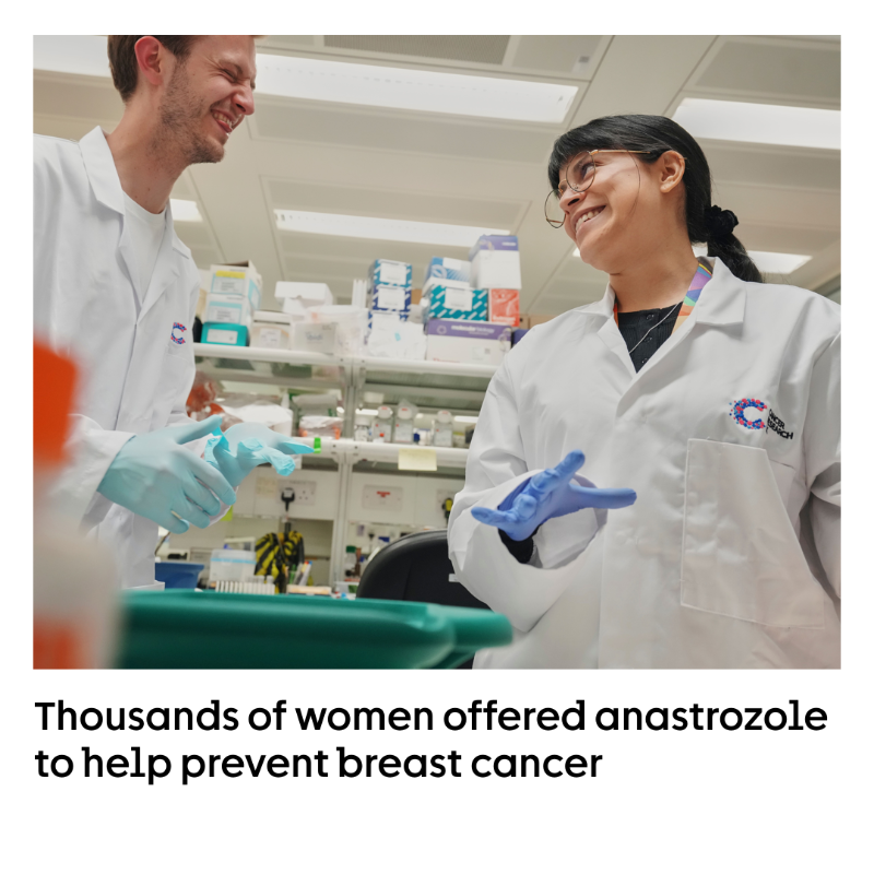 CR_UK's tweet photo. Breast cancer drug anastrozole has been licensed as a preventive
treatment for high-risk women in the UK. A trial we funded showed it can halve breast cancer risk. It will now be offered to an estimated 289,000 eligible women.