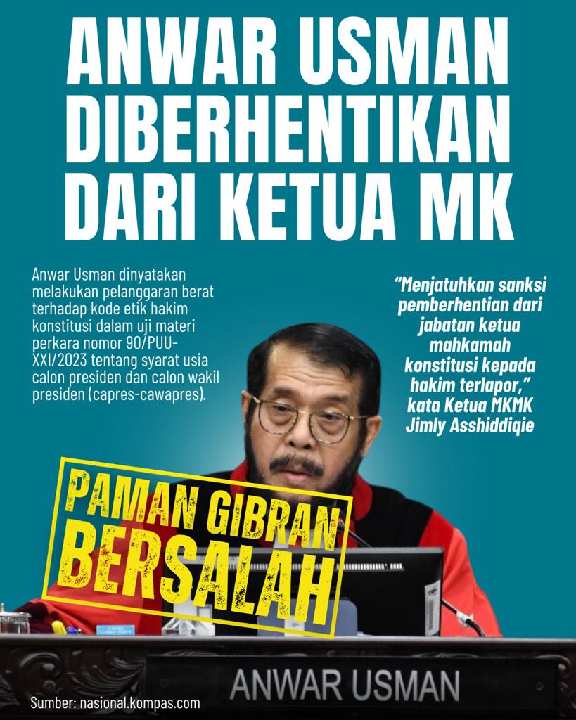 JhonSitorus_18's tweet photo. DIPECAT dari ketua MK rasanya hal paling MEMALUKAN dalam sejarah Mahkamah Konstitusi

Paman Gibran bersalah, prosesnya BERSALAH, hasilnya pasti BERMASALAH, produknya apalagi hanya sekadar kaleng-kaleng

Nama baik Jokowi DIHANCURKAN oleh sifat BENGIS seorang ipar https://t.co/YCx1FXVDTf