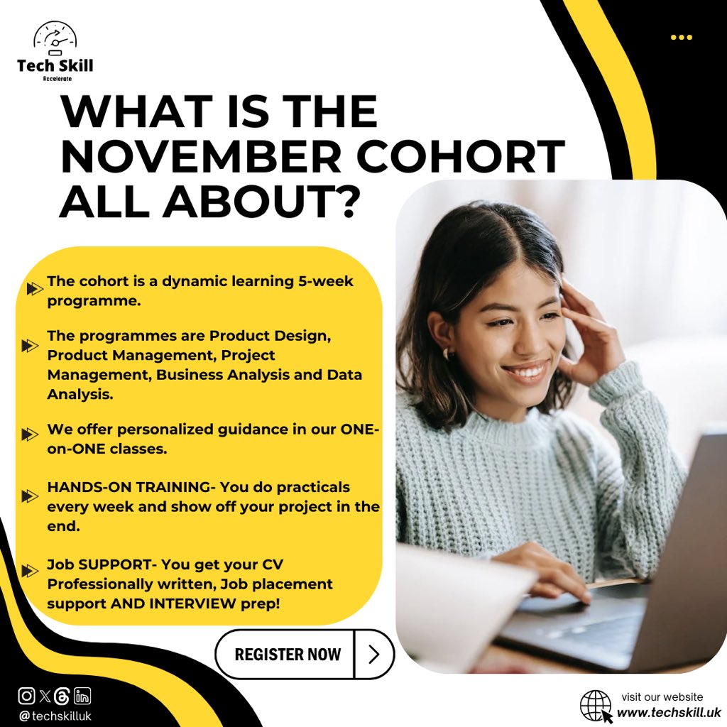 TechSkillUk's tweet photo. Here’s more details on the Upcoming November Cohort! 

Discover your potential in tech with @techskilluk 

 Secure your spot by signing up with the link in our bio 

https://t.co/gCotbvFs9E 

or simply send us
DM @TechskillUK.
 
#tech #techskilluk #careergrowth #NovemberCohort https://t.co/z6DziPek8E