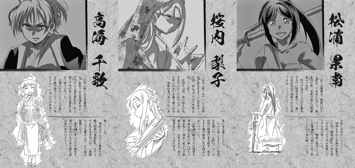 新刊「あくあ藩の九人」では語り手(=書き手)となった参加者の皆様と共有した世界観やキャラの個人設定を冒頭に掲載。これをもとに主となるキャラを決めてもらい、設定の範囲で自由に創作してもらう形となっています。 