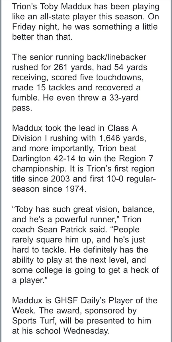 Trion Football (@trionfootball1) on Twitter photo Congrats <a href="/Toby_Maddux25/">Toby Maddux</a> for being named <a href="/GHSFdaily/">GHSF Daily</a> Player of the Week. Huge accomplishment. Go Dogs!!! 🐶🔵⚪️ Congrats <a href="/Toby_Maddux25/">Toby Maddux</a> for being named <a href="/GHSFdaily/">GHSF Daily</a> Player of the Week. Huge accomplishment. Go Dogs!!! 🐶🔵⚪️
