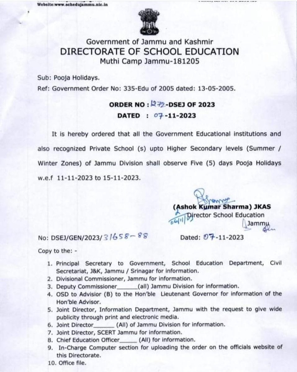 Poja Holidays announced by Directorate of School education Jammu.