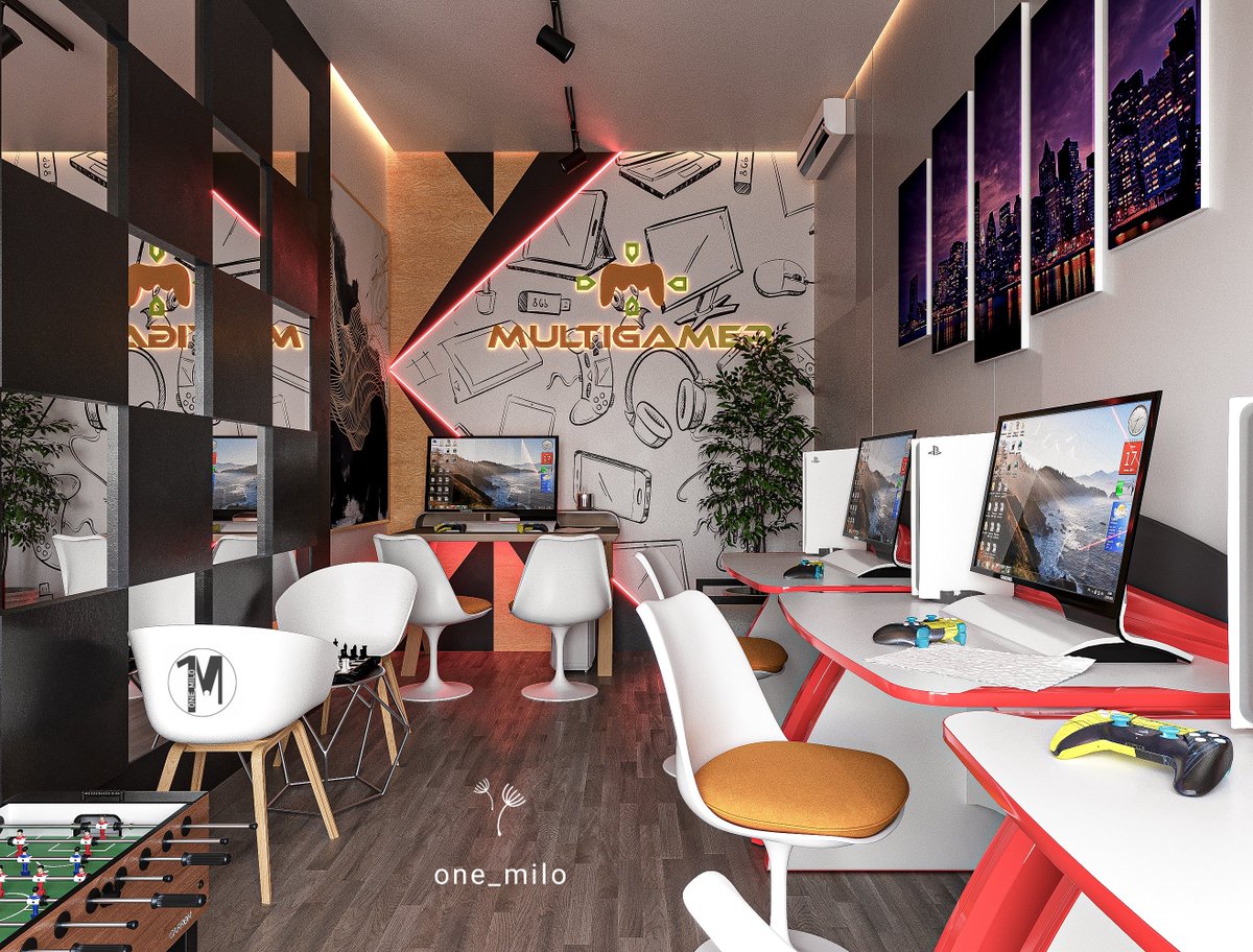 one_miloo's tweet photo. Did a realistic Gaming Centre couple of weeks ago for a client. 

Space size: 2.4m X 5.4m

Workflow: 3dmax, Corona

That was my second trial with Max. 
How is it? https://t.co/g3JmShygLV