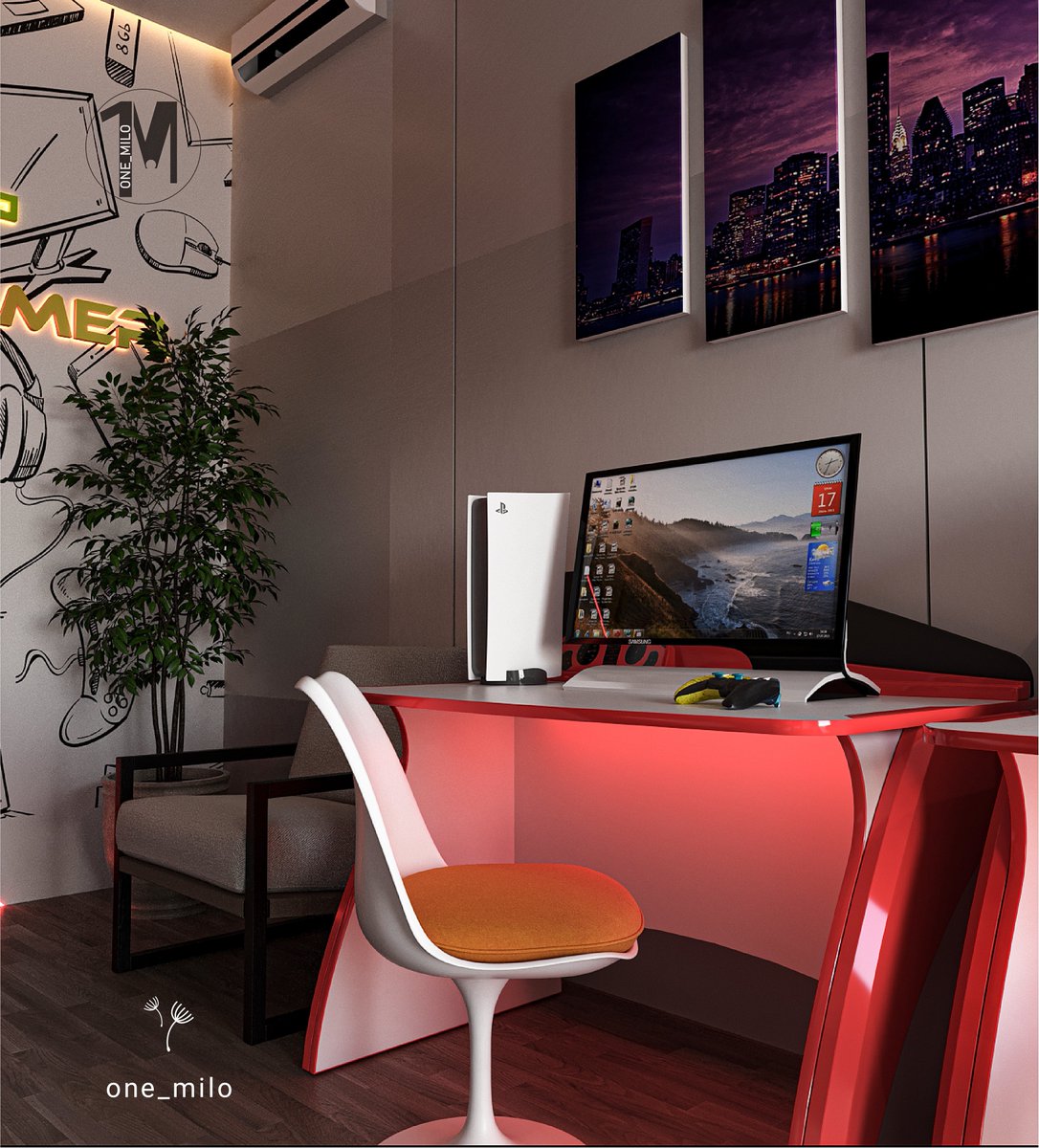 one_miloo's tweet photo. Did a realistic Gaming Centre couple of weeks ago for a client. 

Space size: 2.4m X 5.4m

Workflow: 3dmax, Corona

That was my second trial with Max. 
How is it? https://t.co/g3JmShygLV