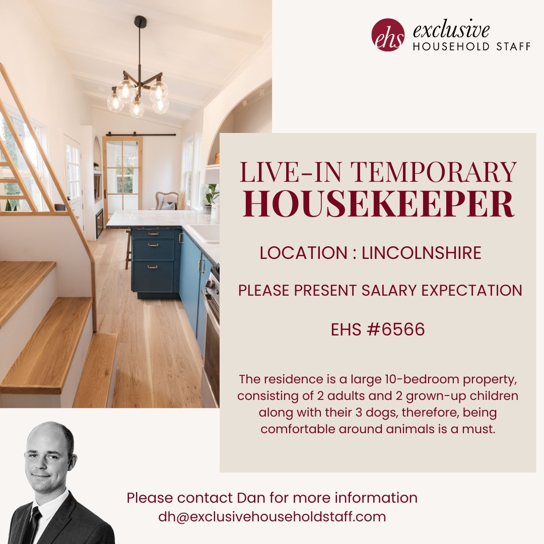 Our client, with a residence in Rutland, is looking for a Live-in Housekeeper to start ASAP.

exclusivehouseholdstaff.com/vacancies/view…

#housekeeper #temporaryhousekeeper #domesticstaff #housekeeping #privatestaff #lincolnshirehousekeeping #lincolnshire #temporaryjobs  #lincolnshirejobs
