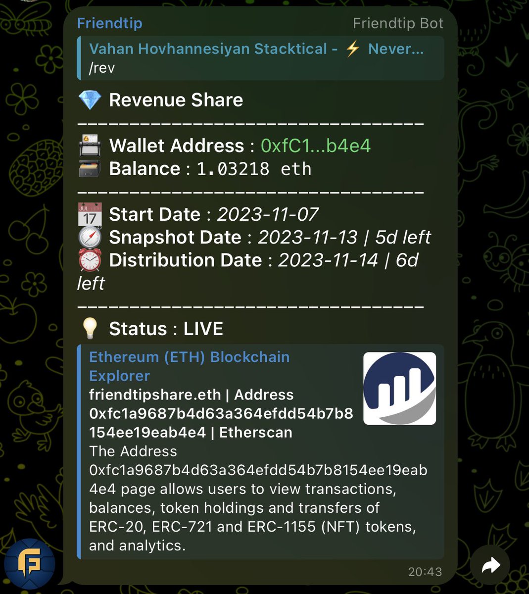 friendtip_erc20's tweet photo. 🚀 Exciting News! Our Revenue Share feature is now LIVE! Monitor your earnings via our Telegram bot: https://t.co/zHTBGzjSo4. To kickstart this, we've already set aside 1 ETH in our revenue share wallet. Get ready to earn while you tip! 💰🌟 #Friendtip #Crypto #RevenueShare https://t.co/S6SjK32r5y