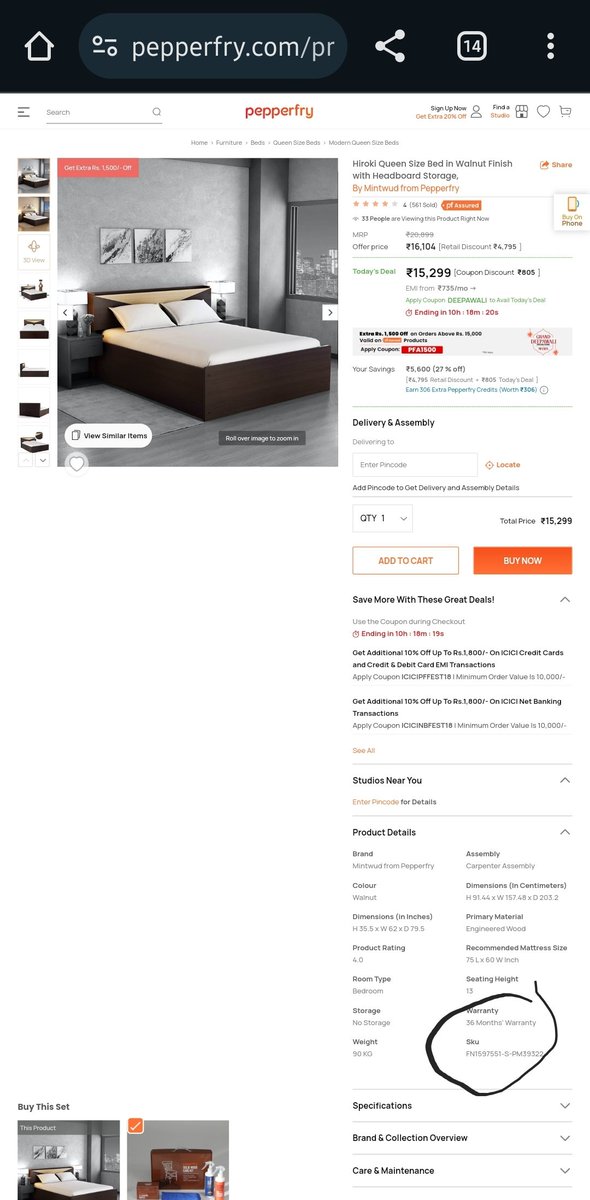 aditya_s36's tweet photo. @Pepperfry Raised an issue regarding a bed I purchased. When contacted the CS via email I received a reply stating that the product only has 12 months warranty whereas your website and the local pepperfry showroom confirmed that it's having 3 years (36months) warranty. https://t.co/Mhcs8DudKx