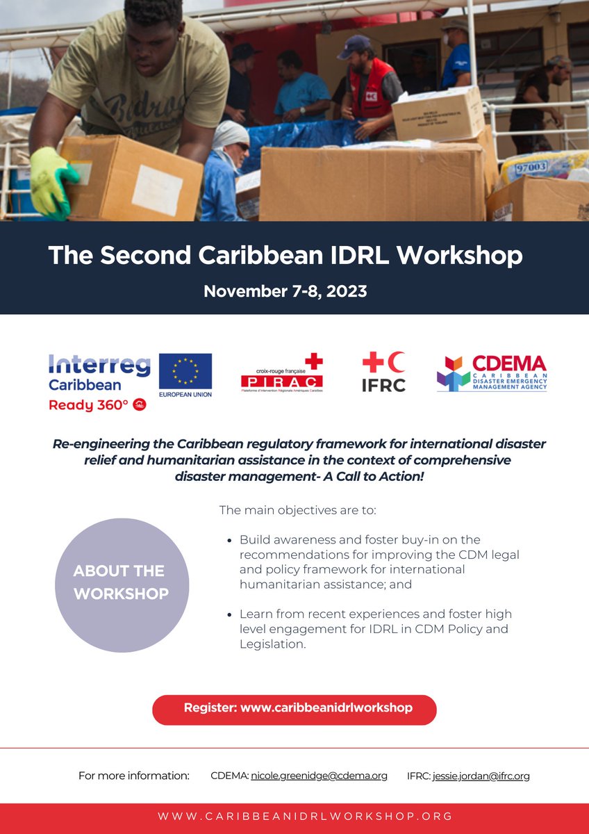 PIRAC_CRF's tweet photo. The 2nd Caribbean International Disaster Response Law #IDRL Workshop is ongoing.
This regional workshop is jointly facilitated by @cdemacu, @IFRC_es & PIRAC as part of the #READY360, co-funded by @InterregC under the European Regional Development Fund
➔ https://t.co/pYqv1Tj939 https://t.co/1O06zDXUzg
