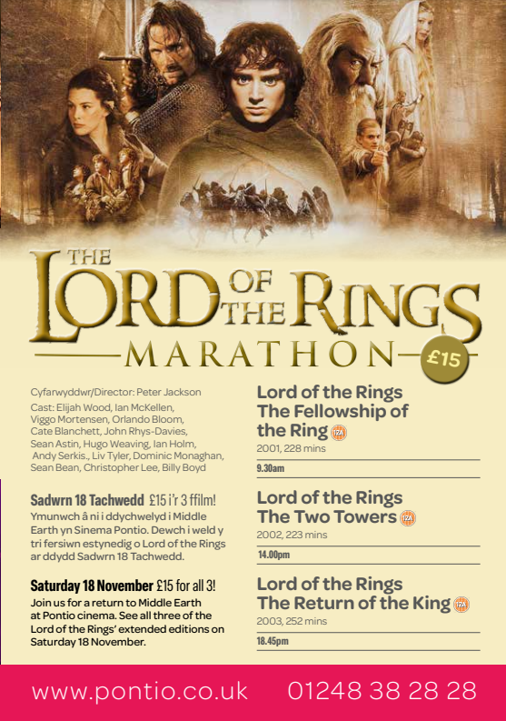 sinemapontio's tweet photo. Ymunwch â ni ar Ddydd Sadwrn 18 o Dachwedd ar gyfer ein Marathon Fersiwn Estynedig o Lord of the Rings—y tair ffilm mewn un diwrnod. 

Join us on Saturday 18 of November for our Lord of the Rings Extended Edition Marathon—all three films in one day. 

🎟️https://t.co/pEHOBTEhV8 https://t.co/F0MlkpT2vI